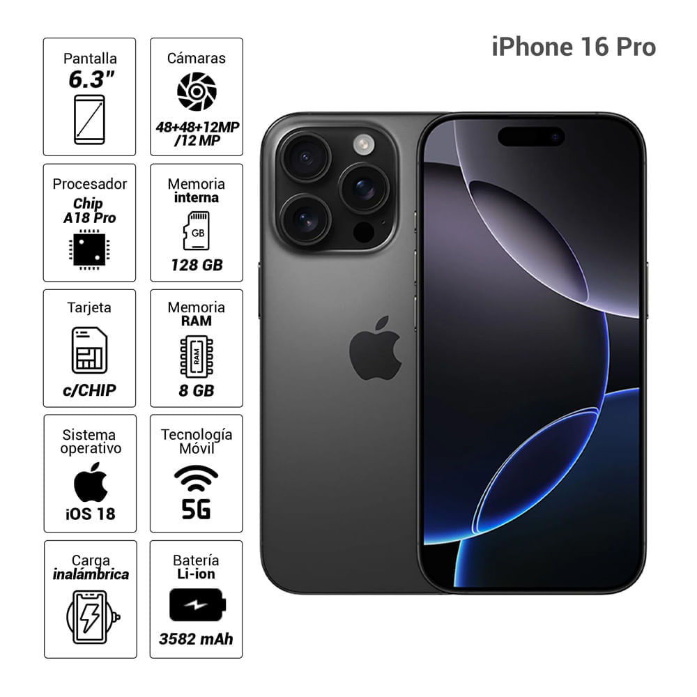 iPhone 16 Pro - Especificaciones: Chip A18 Pro, 128GB, 8GB RAM, iOS 18, 5G